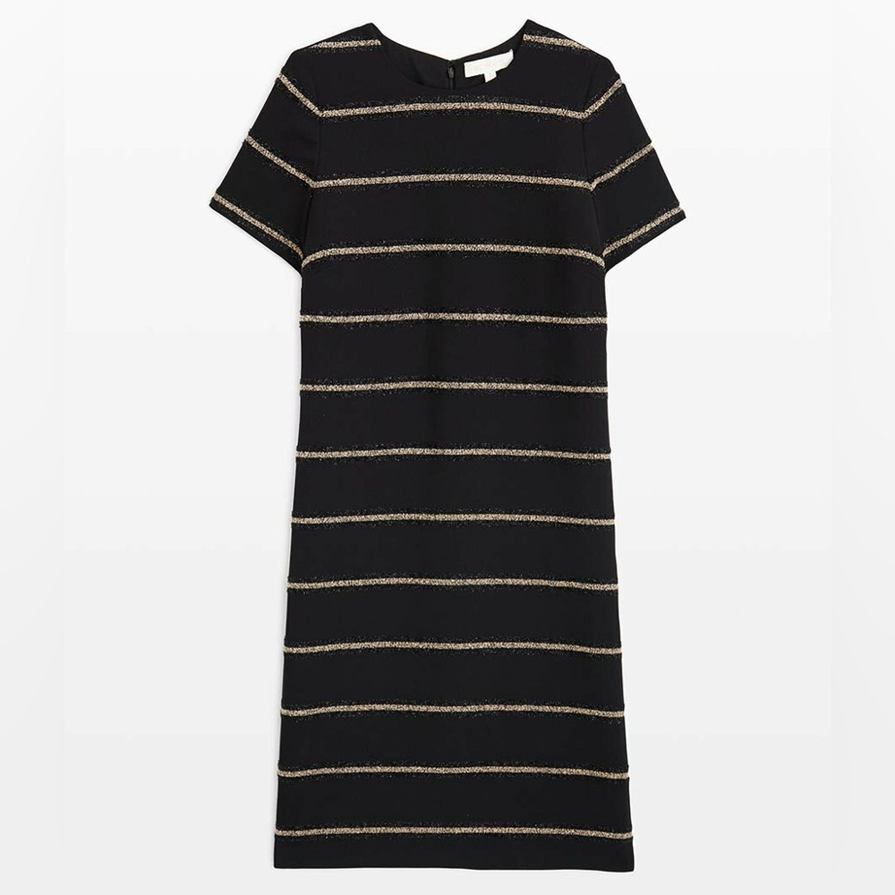 Etcetera Black Short Sleeve Sheath Dress with Silver Stripes Size 6